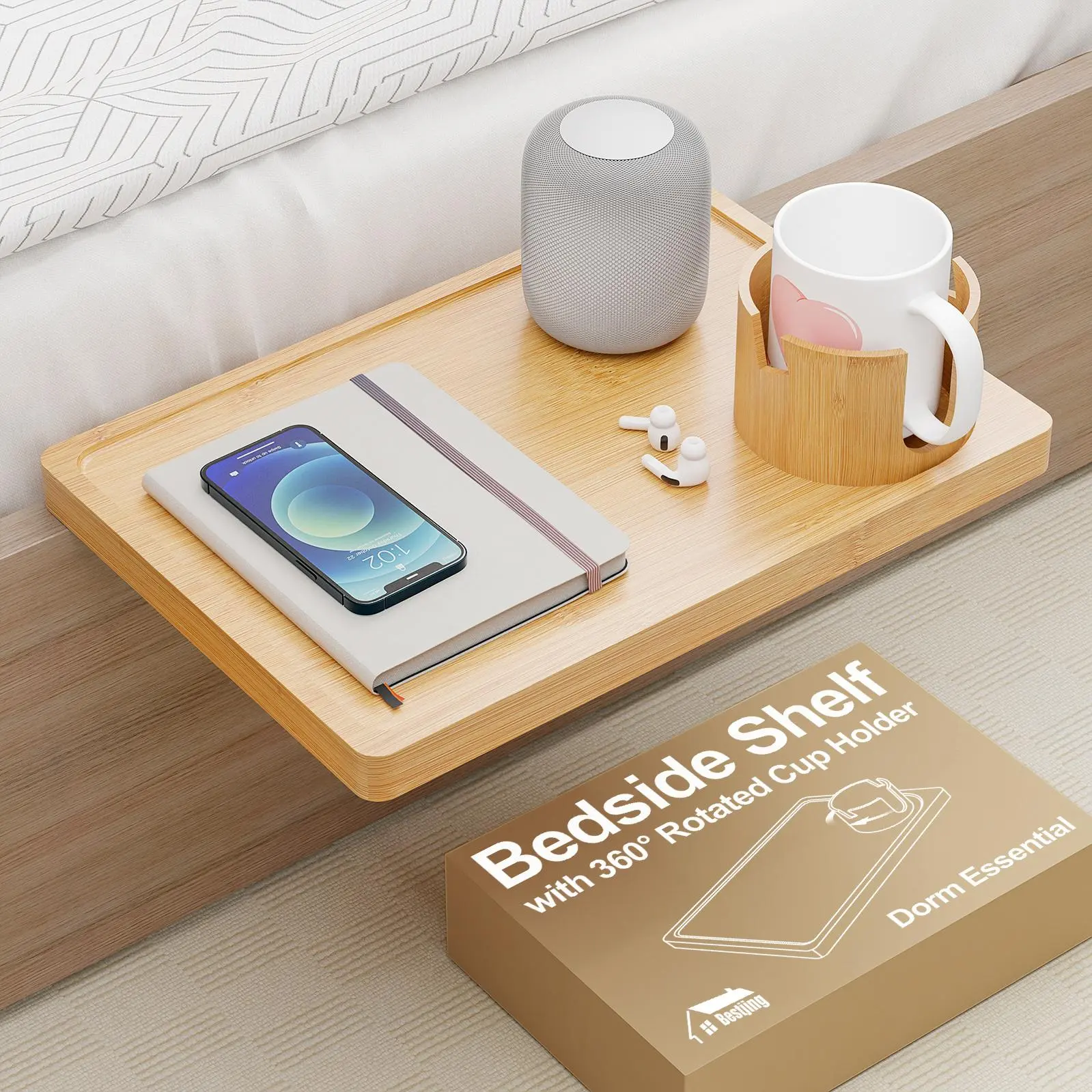 2-in-1 Bedside Shelf with 360°Rotated Cup Holder for Bunk Bed & Top Bunk, College Dorm Room Essentials, Clip On Nightstand, Floating Bed Side Table Tray Caddy Organizer, Dorm Room Decor