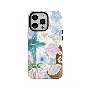 Summer Ocean Theme: 2-in-1 Phone Case featuring Coconut Shell and Starfish Patterns. A sturdy and durable dual-layer protective case compatible with iPhone 17/16/15/14/13/12/11 Pro Max/Plus/Pro and Samsung Galaxy S25/S24/S23