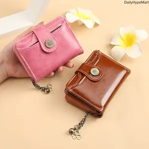 DailyHypeMart Women's Short Wallet Korean Oil Wax Leather Zip Coin Purse Card Holder with Chain Charm