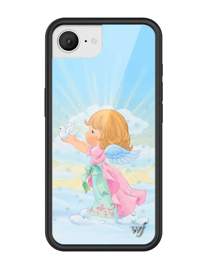 Precious Moments - Angel | Limited Edition Trendy iPhone Collaboration Case | Raised Protective Black Bumper | Women Owned Small Business | Vibrant Baby Blue Cloudy Sky Background Cute Collab Angel Girl Love | Safety Casing Protective | Gift for Her