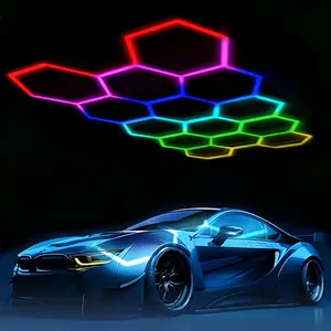 RGB Hexagon LED Garage Lights - 14 Multi-Color, Dimmable, Speed-Adjustable Units with DIY Design, Remote & Smart App Control, Music Modes, Summer Vibes, RGB Lighting Modular