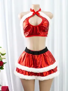Plus Size Women's Faux Rabbit Fur Bralette Lingerie Set with Skirt and Panties, Bow Collar Design, Fashion Casual Accessory, Perfect Gift