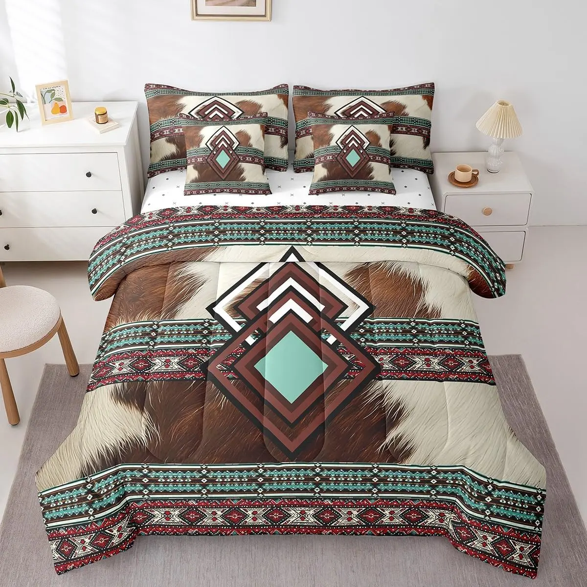 Geometric Aztec Bed in a Bag,Comforter Set,7 Piece Farm Animals Cowhide Bedding Sets,Southwestern Sheet Set with Comforter, Bed Sheets Set, Microfiber Bedding Set