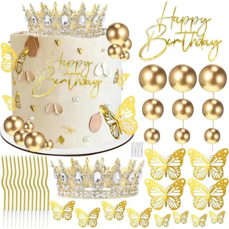 52pcs Golden Crown Cake Topper Set, Happy Birthday Cake Toppers, Balls Candles Butterflies Cake Decorations, Birthday Crown for Women Queen Princess Party Wedding Cake Decorations