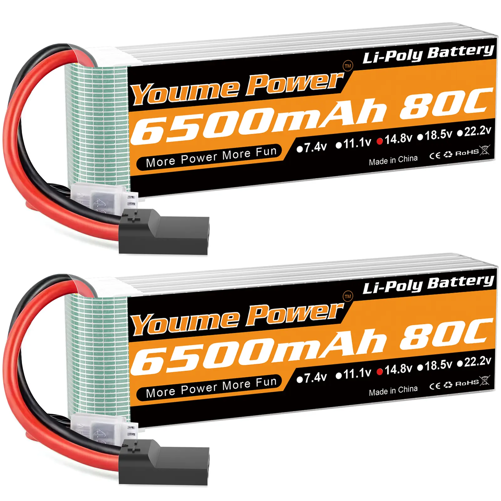 Youme 4S Rechargeable Lithium Replacement Lipo Battery - 14.8V, 6500mAh, 80C with Tr Plug for RC Buggy, Crawler, Airplane (2 Packs), Rechargeable Batteries, Lithium Battery Replacement