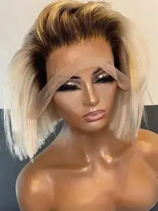 1Piece14 Inches Soft Ombre Blond Straight Hair 180 Density Hair Wig Lace Front Wig, With Baby Hair Pre Plucked And For Women Wear Daily Use 13x4x1