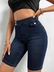 Women's Dark Wash High Waisted Denim Bermuda Button Pocket Shorts, Stretchy Butt Lifting, Slim Fit Knee-Length, Casual Summer Style Button