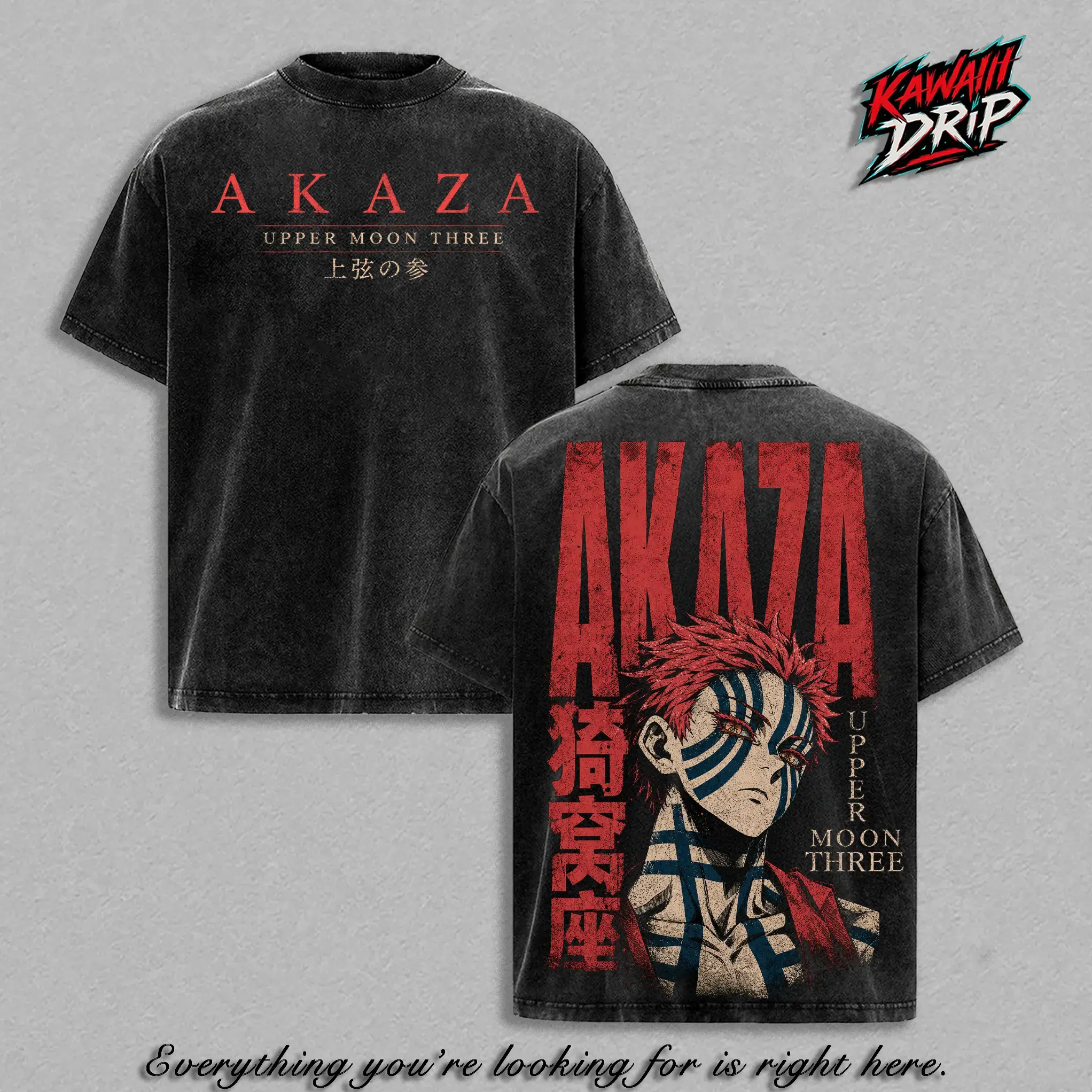 Men's Akaza Upper Moon 3 Vintage Washed Graphic Tee, Oversized Heavyweight Cotton T-Shirt, Double High-Resolution Printed Demon Slayer Anime Streetwear, Unisex Y2K Retro Top, Cosplay Gift For Fans