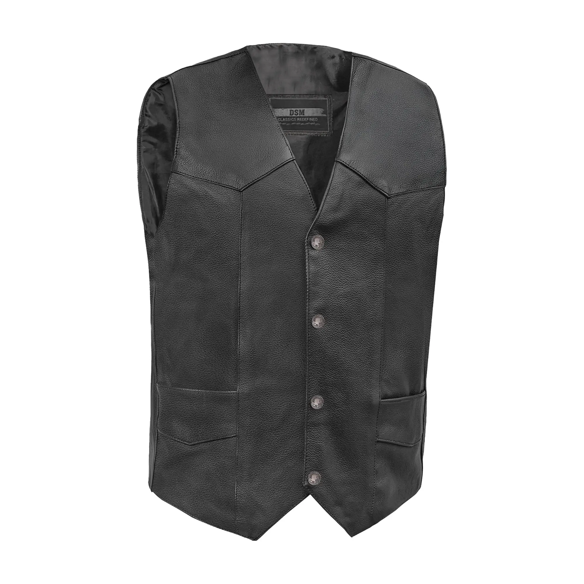DANIEL SMART Men's Motorcycle Leather Waistcoat & Gilet Tops - Soft Naked Cowhide, Plain V-Neck, Tapered Concealed Carry Pockets, Single-Panel Back, Fully Lined Interior, Heavy-Duty Thread, Cowhide Leather, Biker, Deep V, None, Long