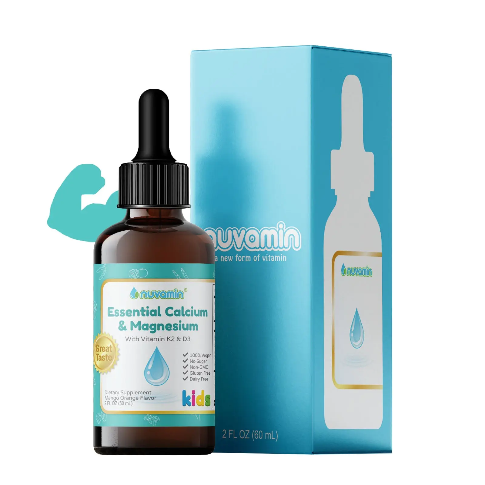 Liquid Calcium & Magnesium Drops for Toddlers, Kids, & Adults, 2Fl.Oz (60ml), 30 Daily Servings. Great Taste - All Natural - Vegan - Superior Absorption