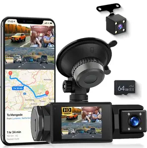 360 Degree View 3 Channel Dash Cam IPS 1080P with Built-in GPS WiFi Night Vision Motion Detection Monitor Free 64G Card DVR 4IR Night Vision Loop Recording