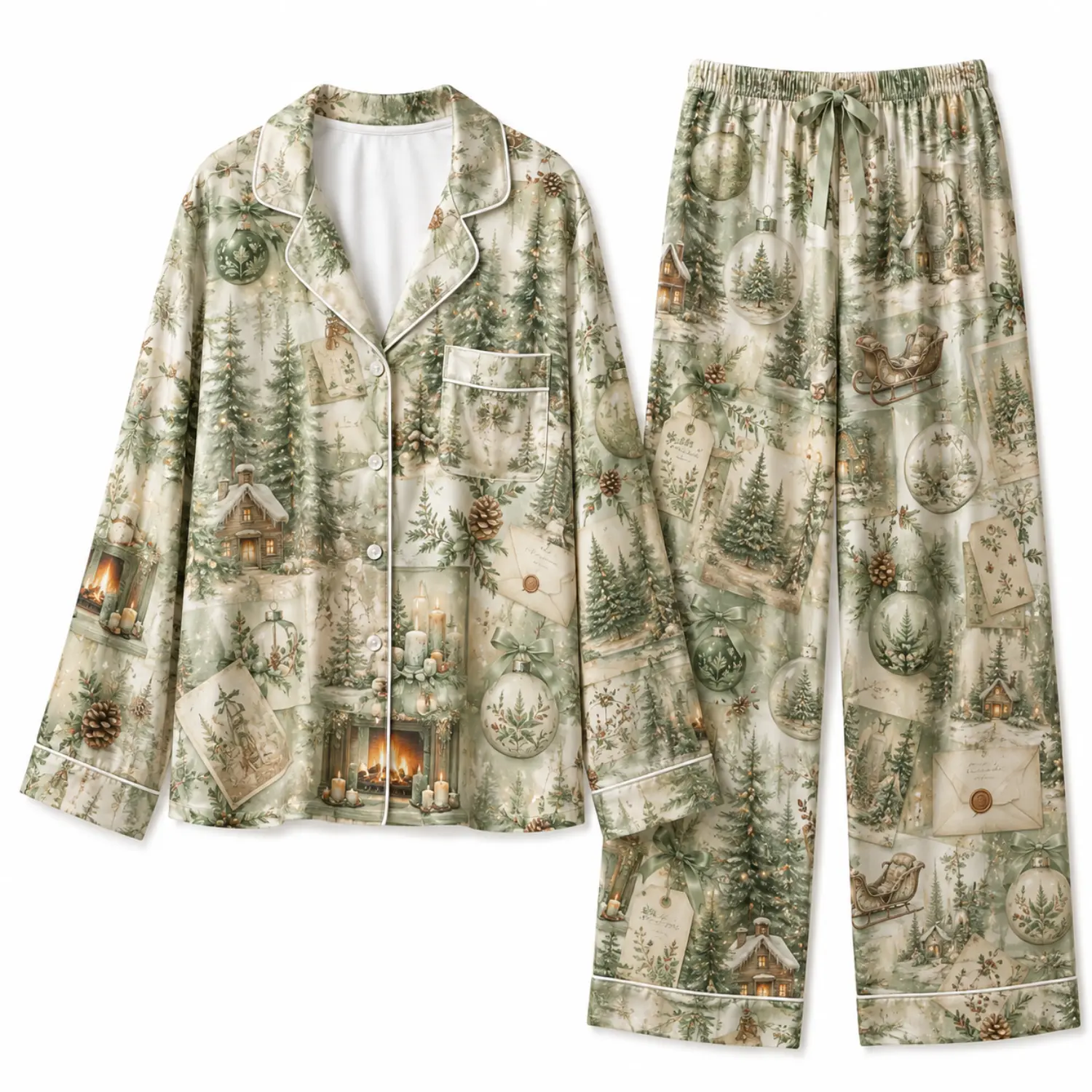 Winter Christmas Tree Print Button Front Pajama Set with Long Sleeve Top and Elastic Waist Pants, Cozy Sleepwear for Women