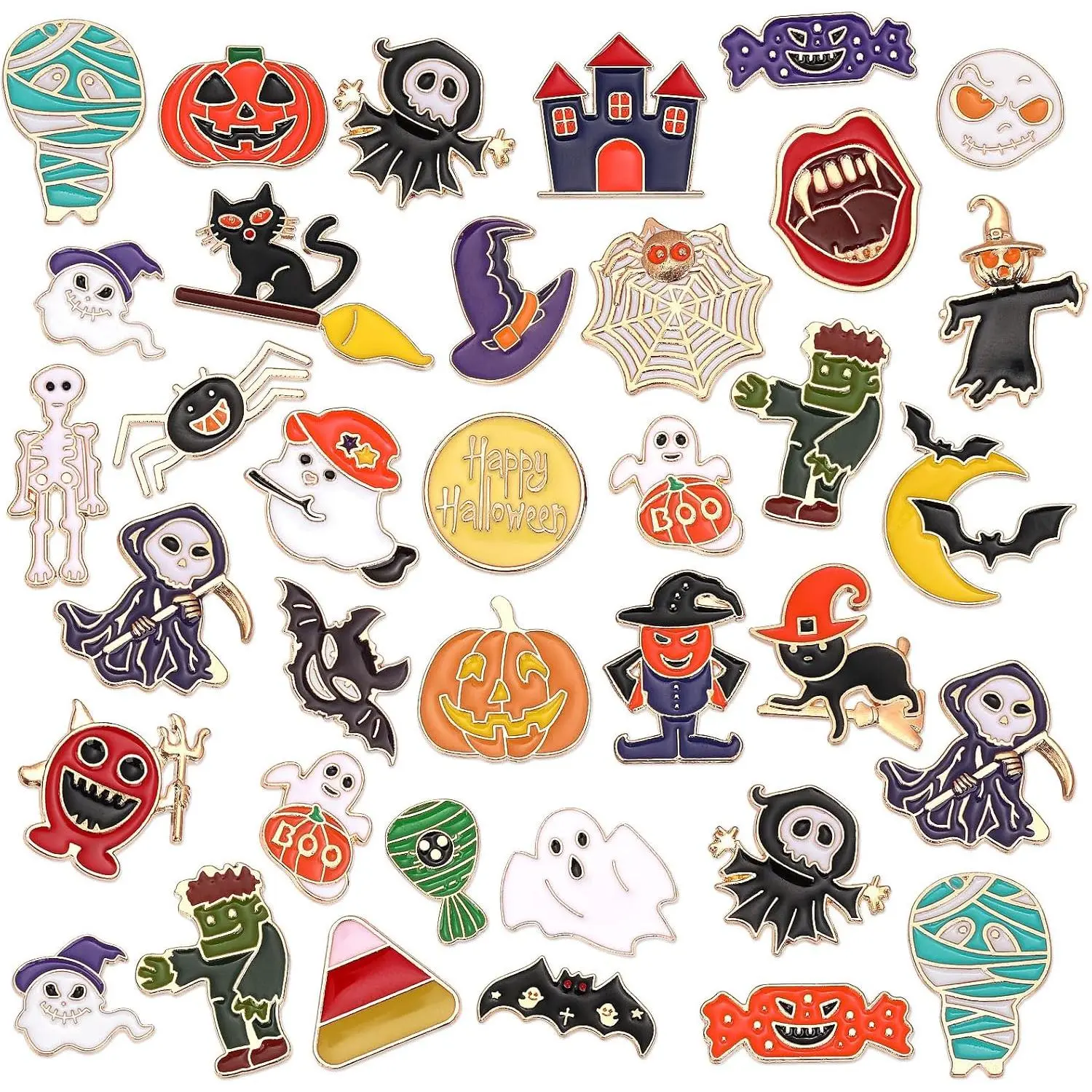 60Pcs Halloween Pins, Halloween Enamel Lapel Pins Assorted Pumpkin Ghost Bat Spider Skeleton Brooch Pins for Clothes Bags Hats Accessories, 30 Styles