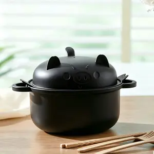 45oz Student Dorm Special Black Pig Noodle Bowl Large Holding Capacity Heat Insulation Anti Scald With Matching Lid And Built In Tableware Organizer