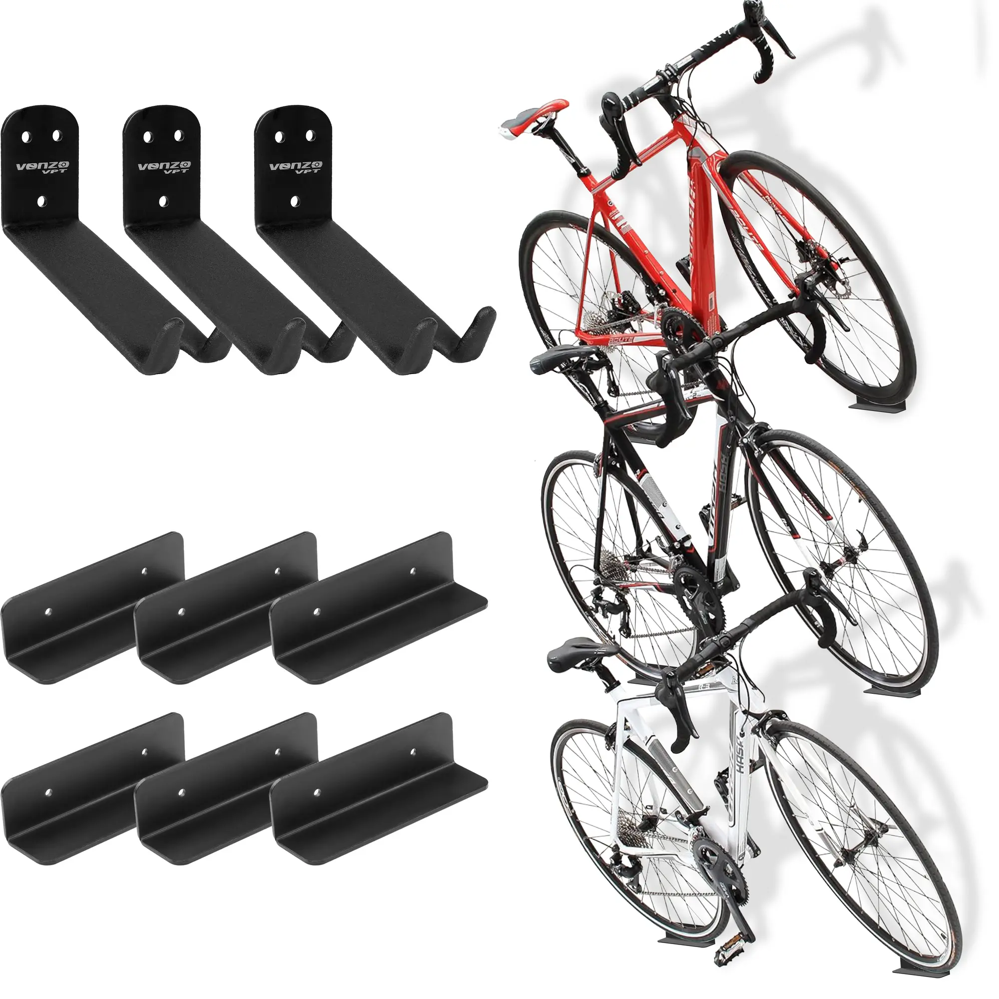 Venzo 3-Pack Bicycle Pedal Wall Mount Bike Storage Rack - Heavy-Duty Steel Stackable Hooks, Rubber Padding, Tire Brackets, Anchors (20kg Capacity) Space-Saving Bicycle Accessories for Garage