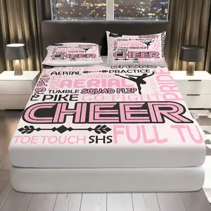 3Pcs Cheer Spirit Aerial Fitted sheet Three Piece Set (1*Fitted Sheet+2*Pillowcases, Coreless), Party theme, Pink Text Bedding Set, Mattress protector Soft, Breathable