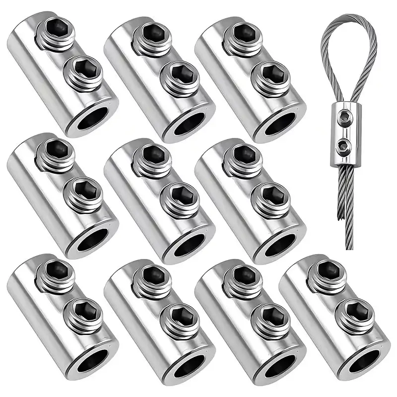 GJANSH 10Pcs Stainless Steel Wire Rope Clamps, 1/8" Double Hole Wire Cable Clips with L-Wrench, Heavy Duty Cable Crimp Loop Fastener for Garden, Camping, DIY Hanging Projects