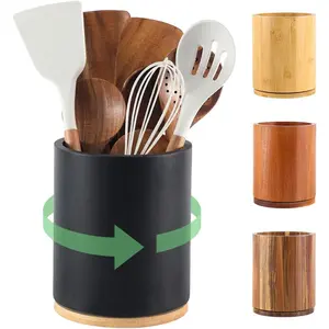 Wooden Utensil Holder, 360?Rotating 7.3'' Large Kitchen Utensil Holder for Kitchen Counter, Kitchen Utensil Organizer, Utensil Crock, Farmhouse Kitchen Countertop Decor, Black Color