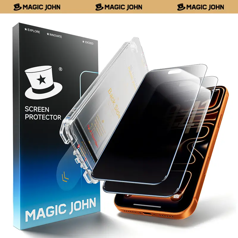 MAGIC JOHN MagicView Tempered Glass Screen Protector for iPhone 18/17/16/15 Series, 2-Pack Rigid Sturdy Protective Accessories, 0.33mm No Black Border, Auto Dust Removal Easy Installation, HD Transparent Digital or 28° Privacy, Case-Friendly, Rigid Phone