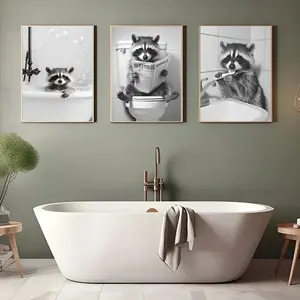 Set of 3 Raccoon Canvas Prints, Cute Animal Design Wall Art for Bathroom & Living Room, No Frame Included, Decoration
