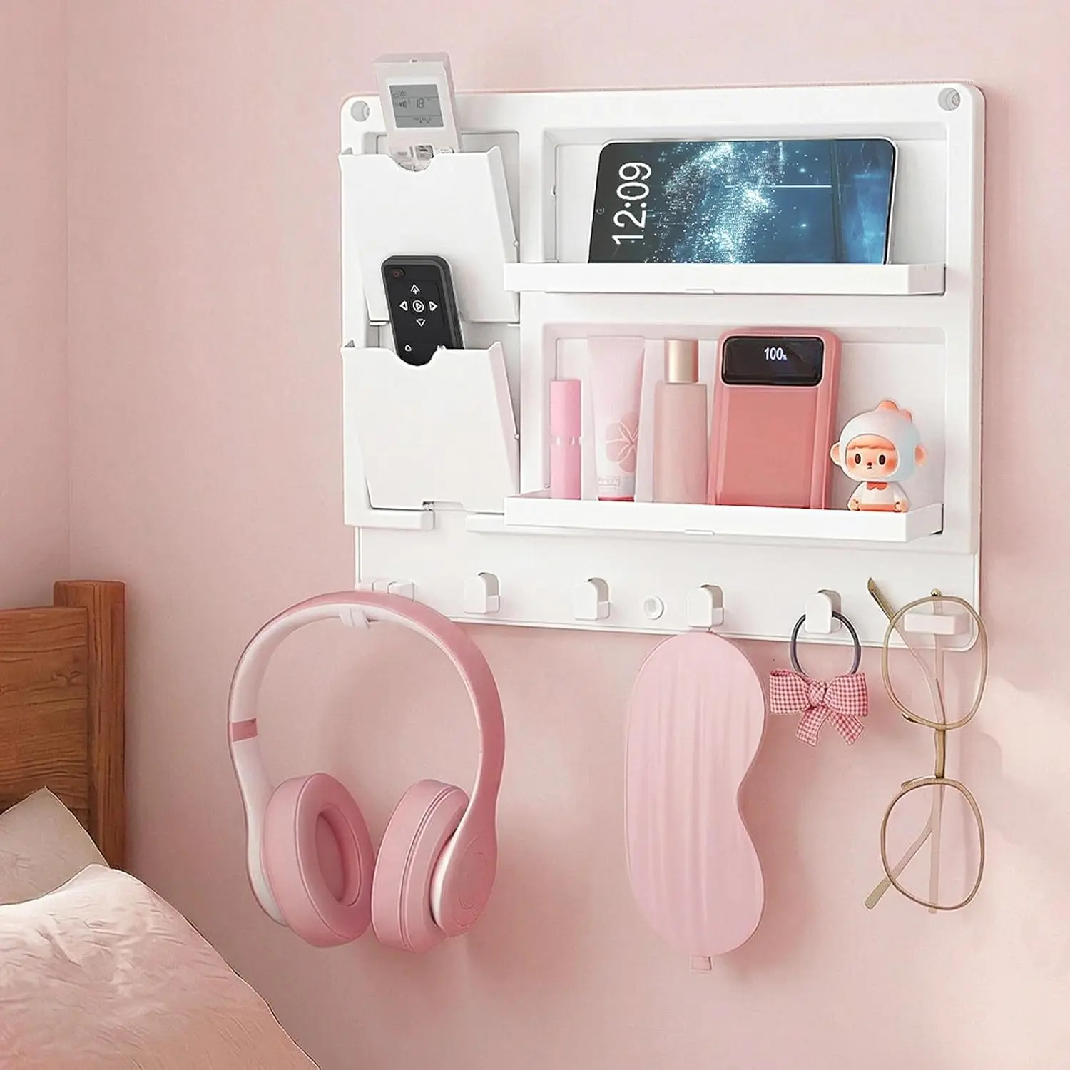Lifewits Plastic Bedside Wall Shelf, Adhesive Floating Shelves Dorm Decor | Bedroom Essentials for Key, Remote Control, Glasses, Phone, Earbuds Storage, College, RV, Bunk Bed Wall Organizer