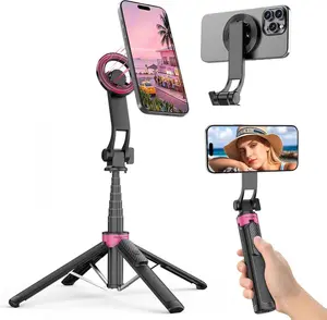 Magnetic Tripod for iPhone, Portable Selfie Stick Phone Tripod with Remote, Four-Leg Support Cellphone Stand for iPhone Magsafe, Fits Selfie Video Recording Gym Travel Essentials Accessories