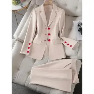 Elegant solid-color two-piece set featuring a single-breasted blazer with a label neck and matching trousers, suitable for office and work; women’s clothing
