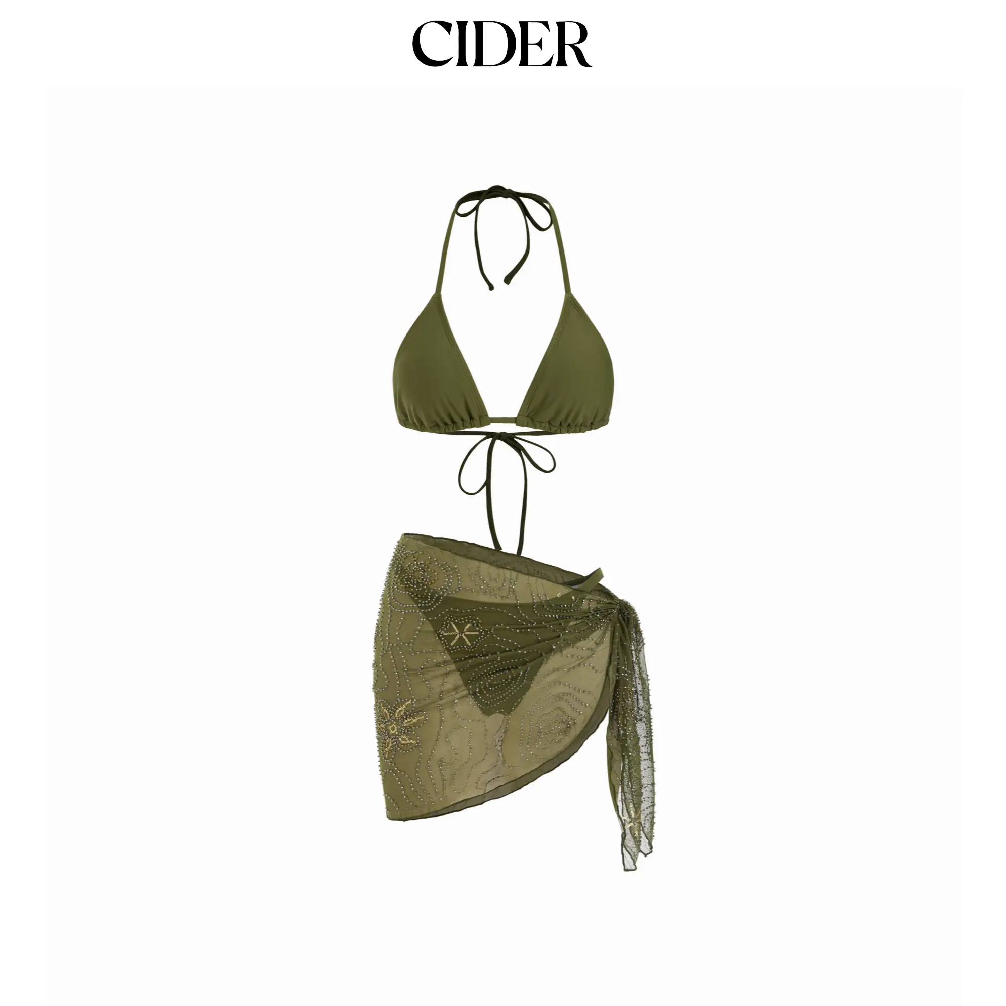 Cider Women's Embellished Haltered Top 3-Piece Bikini Set for Female, Multi-Size Swimwear with Sequin & Bead Details, Set Includes Sarong (Sports & Outdoor Swimwear)