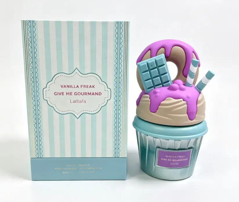 Lattafa Vanilla Freak Give Me Gourmand Eau De Parfum Caramel Baked Cream Nutty Sweet Gourmand Feminine Scent 3D Donut Ice Cream Sculpted Cap Gradient Blue Cup Bottle Vintage Blue White Stripe Dessert Gift Box Long Lasting Cute Dessert Perfume For Women