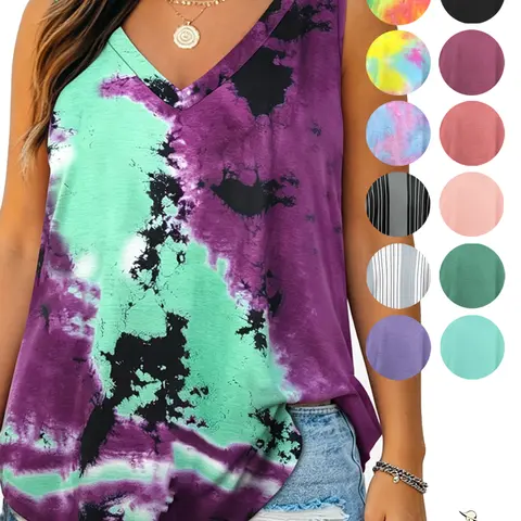 Vislily Women's Plus Size V-Neck Tank Tops - Sleeveless, Loose Fit, Stretchy Rayon, Comfortable Drape, Breathable, Tie Dye/Solid/Striped, 2XL-6XL, V-Neck Elegance, Beach Outfits, Skirt Pairing, KPS5031, Everyday Casual Chic Basics