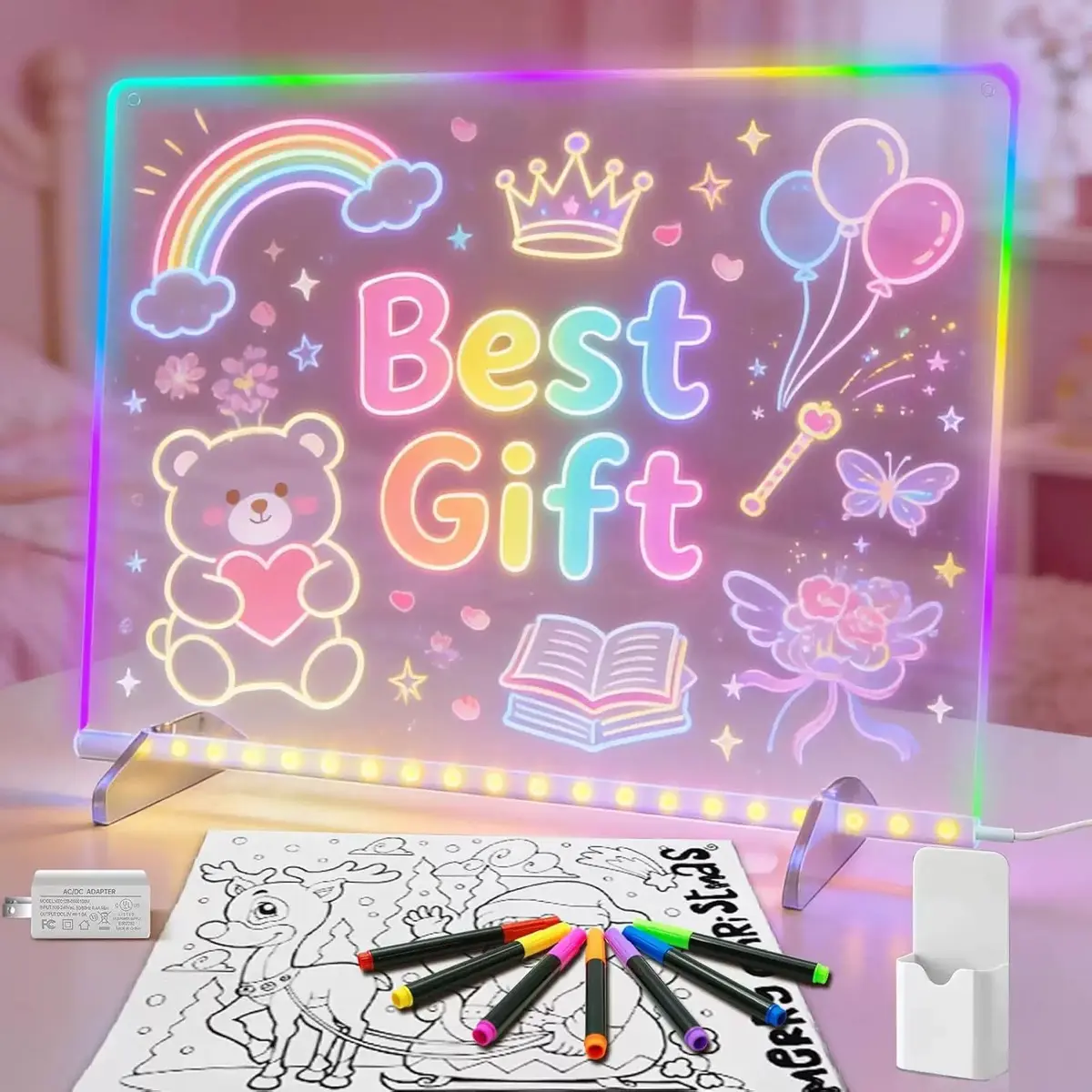 Rechargeable LED Drawing Board Neon Sign - Customizable Acrylic Message Board with Dynamic RGB Lighting, Colorful Lighting,Stand, Hanging Chain, Neon Markers, Dry Erase for Kids, Birthday Cool Gadgets, Office Gift
