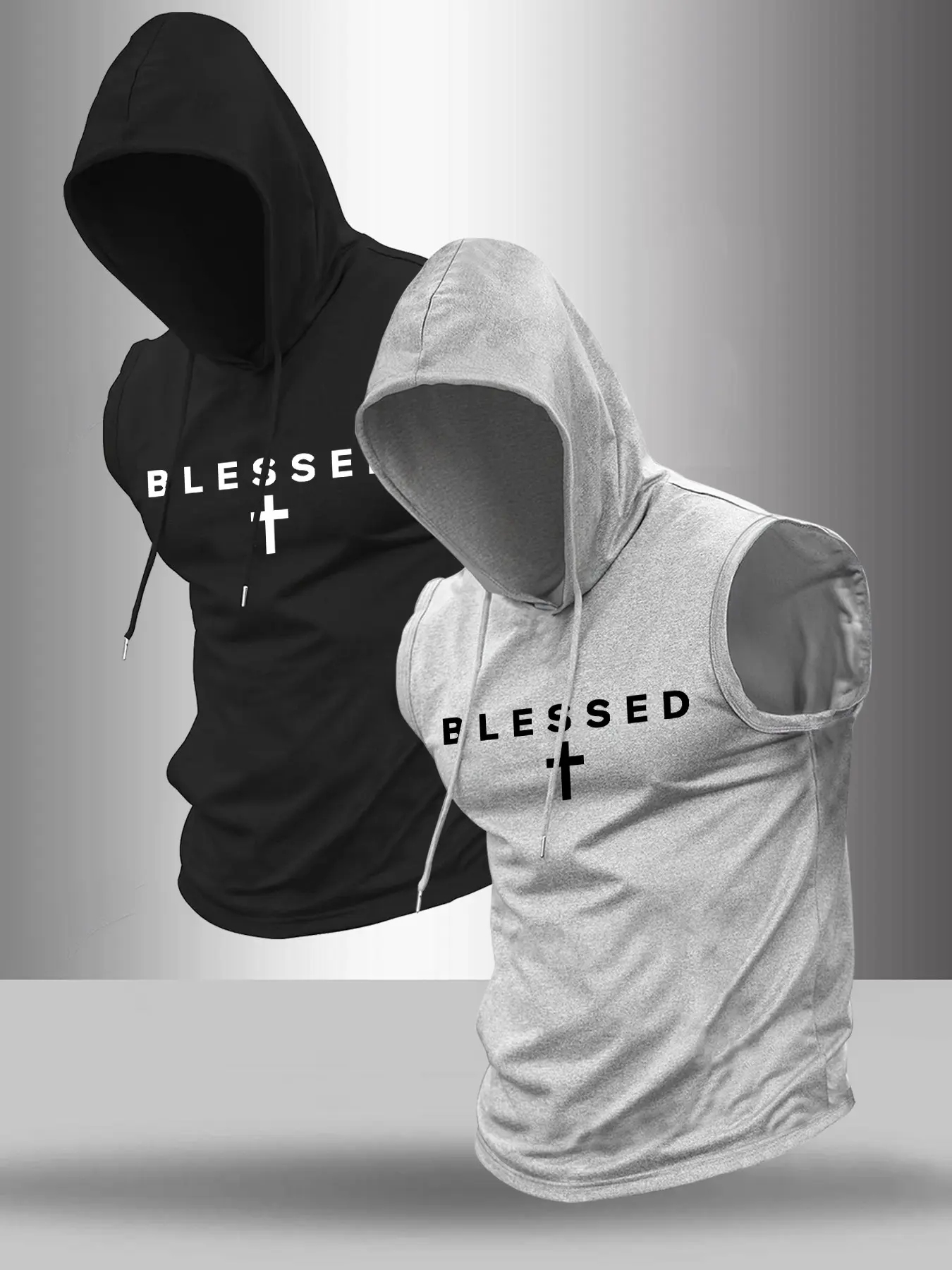 Men's 2-Pack Letter Cross Print Hooded Sleeveless Design T-Shirt, Casual Comfortable Hoodie Vest, Casual Sporty Style, Summer Outdoor Fitness Wear, Athletic Fashion Activewear, Sleeveless Workout Tops, Fitness Training Clothes, Casual Sports Tops