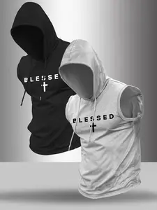 Men's 2-Pack Letter Cross Print Hooded Feature Sleeveless Design T-Shirt, Casual Comfortable Hoodie Vest, Summer Outdoor Fitness Wear, Athletic Fashion Activewear