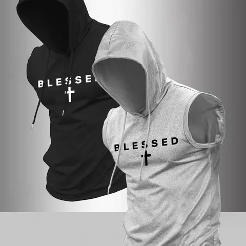 Men's 2-Pack Letter Cross Print Hooded Sleeveless Design T-Shirt, Casual Comfortable Hoodie Vest Style, Summer Outdoor Fitness Wear, Athletic Fashion Activewear, Sleeveless Workout Tops, Fitness Training Clothes, Casual Sports Tops, Summer Sports Clothing