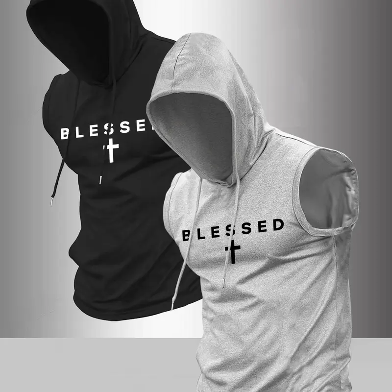 Men's 2-Pack Letter Cross Print Hooded Sleeveless Design T-Shirt, Casual Comfortable Hoodie Vest Style, Summer Outdoor Fitness Wear, Athletic Fashion Activewear, Sleeveless Workout Tops, Fitness Training Clothes, Casual Sports Tops, Summer Sports Clothing