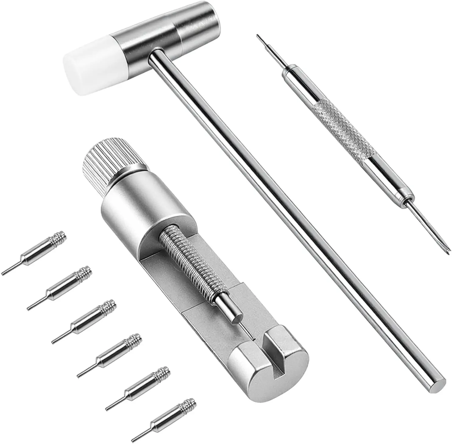 Solid Watch Link Removal Kit, Tools to Adjust and Remove Bracelets，Watch Strap Size Adjuster, Watch Band Adjustment Tool Kit with 6 Extra Pins and 1 Hammer