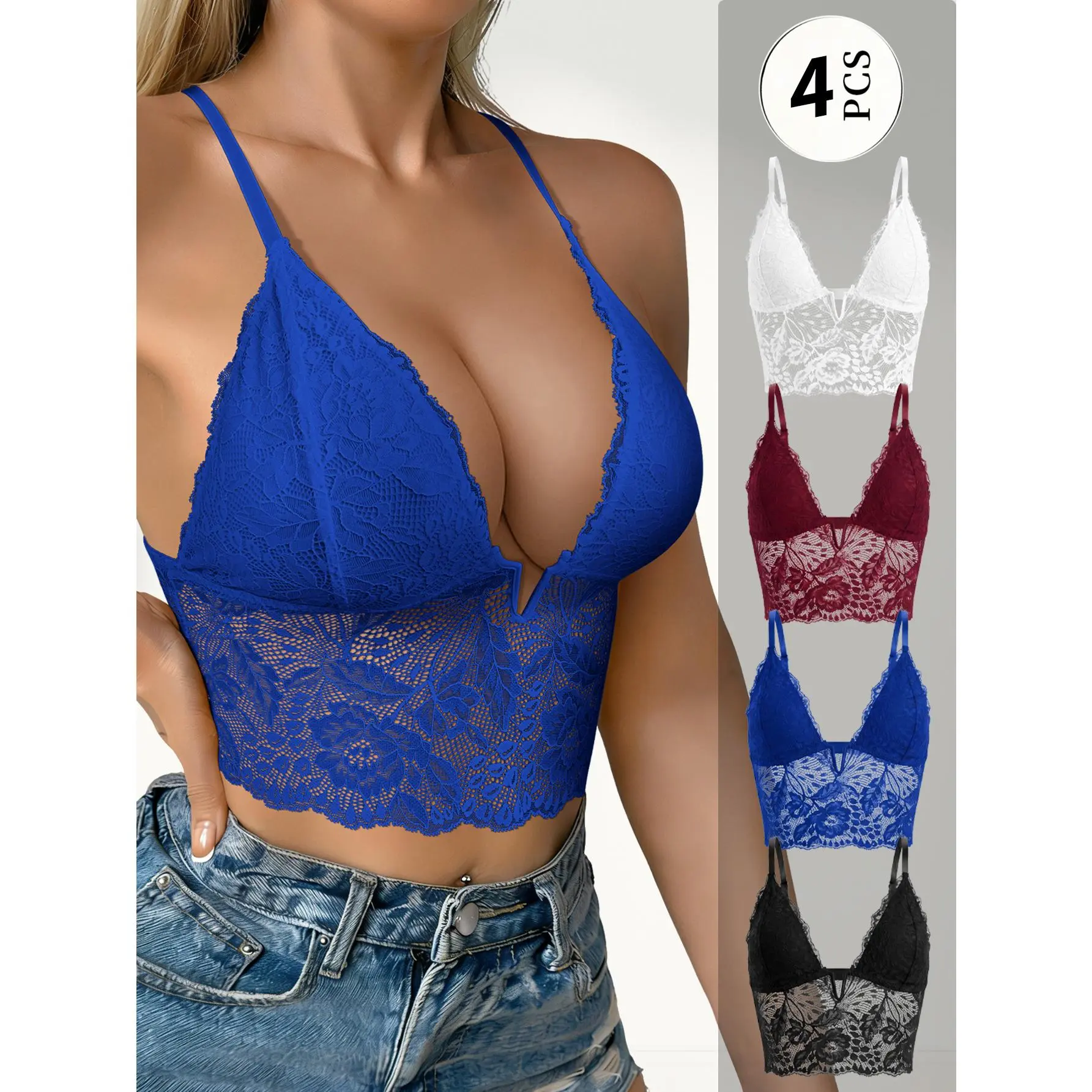 QUASTI Deep V Lace Bralette, Wireless No Underwire Tank Bra, Floral Lace Spliced Comfort Bralette, Slim Fit Plunge Lingerie for Daily Wear, S-XXL