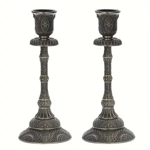 Set of 2,Vintage Taper Candle Holders, Metal Decorative Brass Bronze Candlesticks with Intricate Carved Design, Elegant Tabletop Centerpieces for Wedding, Dining, and Home Decor, Interior Decoration Accessories