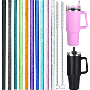 10 Pack Color Replacement Straws for Stanley 40 oz 30 oz Tumbler, 12 in Long Reusable Plastic Glitter Straws for Stanley Cup Accessories, Half Gallon Jug, Plus 2 Cleaning Brush