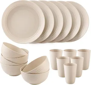 18 count Wheat Straw Dinnerware Sets Unbreakable Dinnerware Set Lightweight Dish Set Cups Plates and Bowls Set Microwave and Dishwasher Safe Dishware Sets