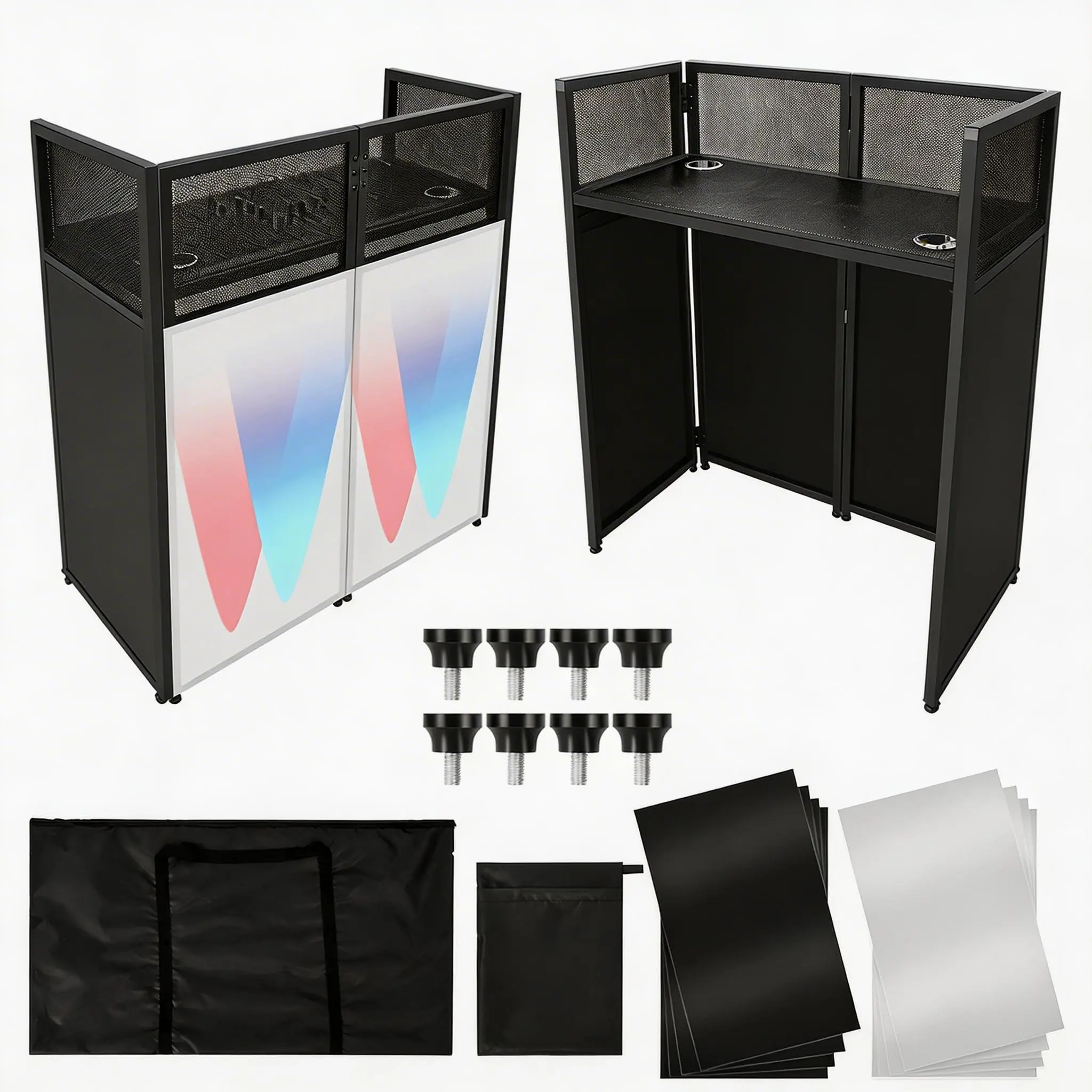 GAOMON Heavy-Duty Portable Alloy Steel DJ Facade Booth - Foldable Black Frame DJ Stand, White & Black Lighting Scrim, Adjustable Legs, 50"L x48"H x25"W, 200+ lbs Support, Quick Install for Concerts, Weddings, Studio, Stage Use