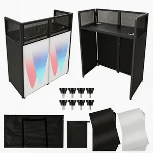 Portable DJ Facade Booth, Foldable DJ Table Station With White & Black Lighting Scrim,50"L x48" Hx 25"W DJ Stand Booth,With Adjustable DJ Event Facade Feet for Party, Black Metal Frame (52x 43.2 x 26)
