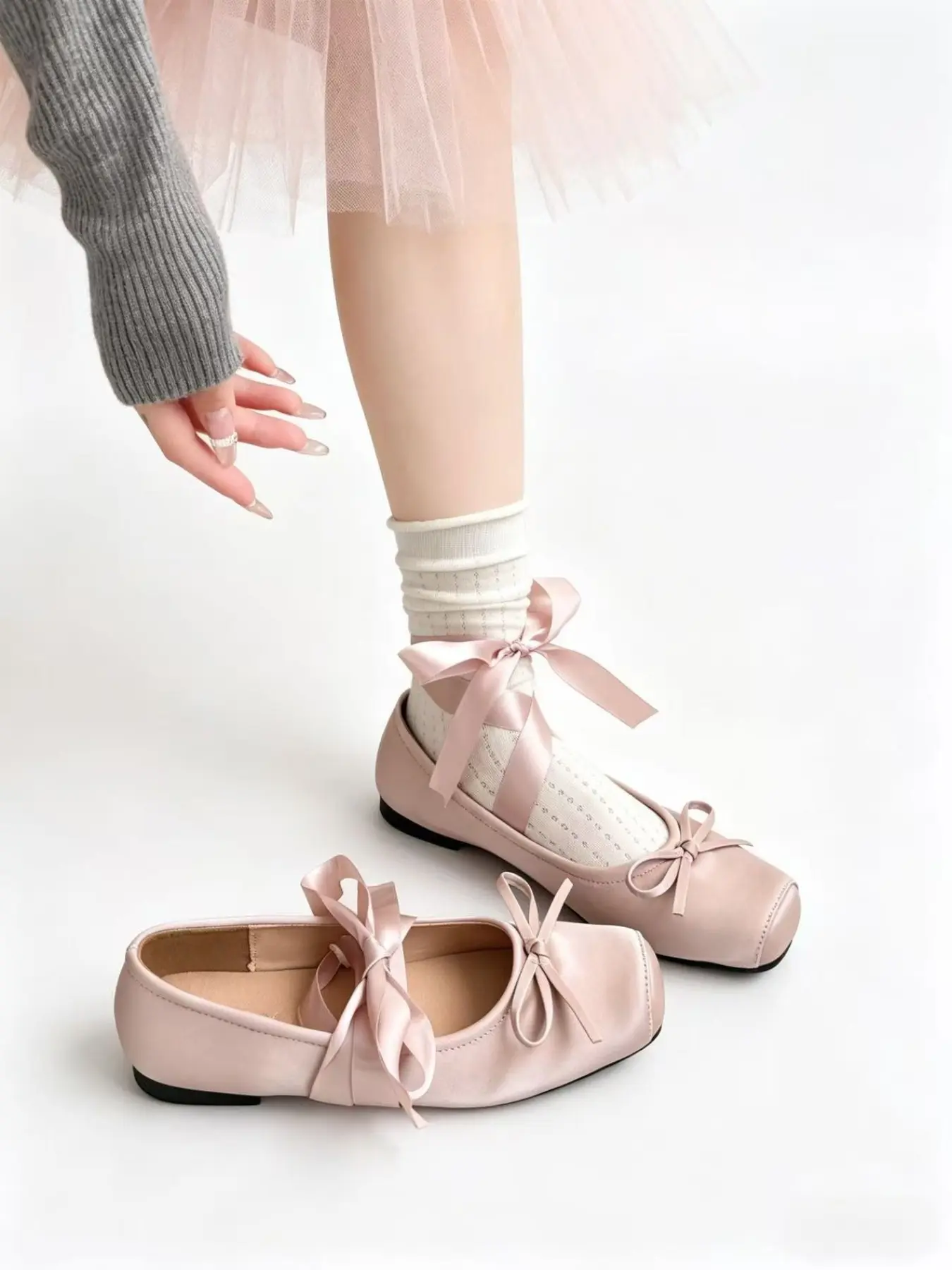 Women's Elegant Square Toe Mary Jane Shoes, Bow Ribbon Strap Ballet Flat, Versatile Soft Sole Commuter Loafers, Soft Sole Flats, Soft Soled Shoes