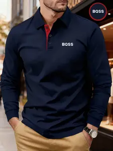 Men's Solid Color Long Sleeve Polo Shirt, High-End Fashion Fabric, Casual Geometric Pattern, All Season Wear, Golf Outdoor Sports