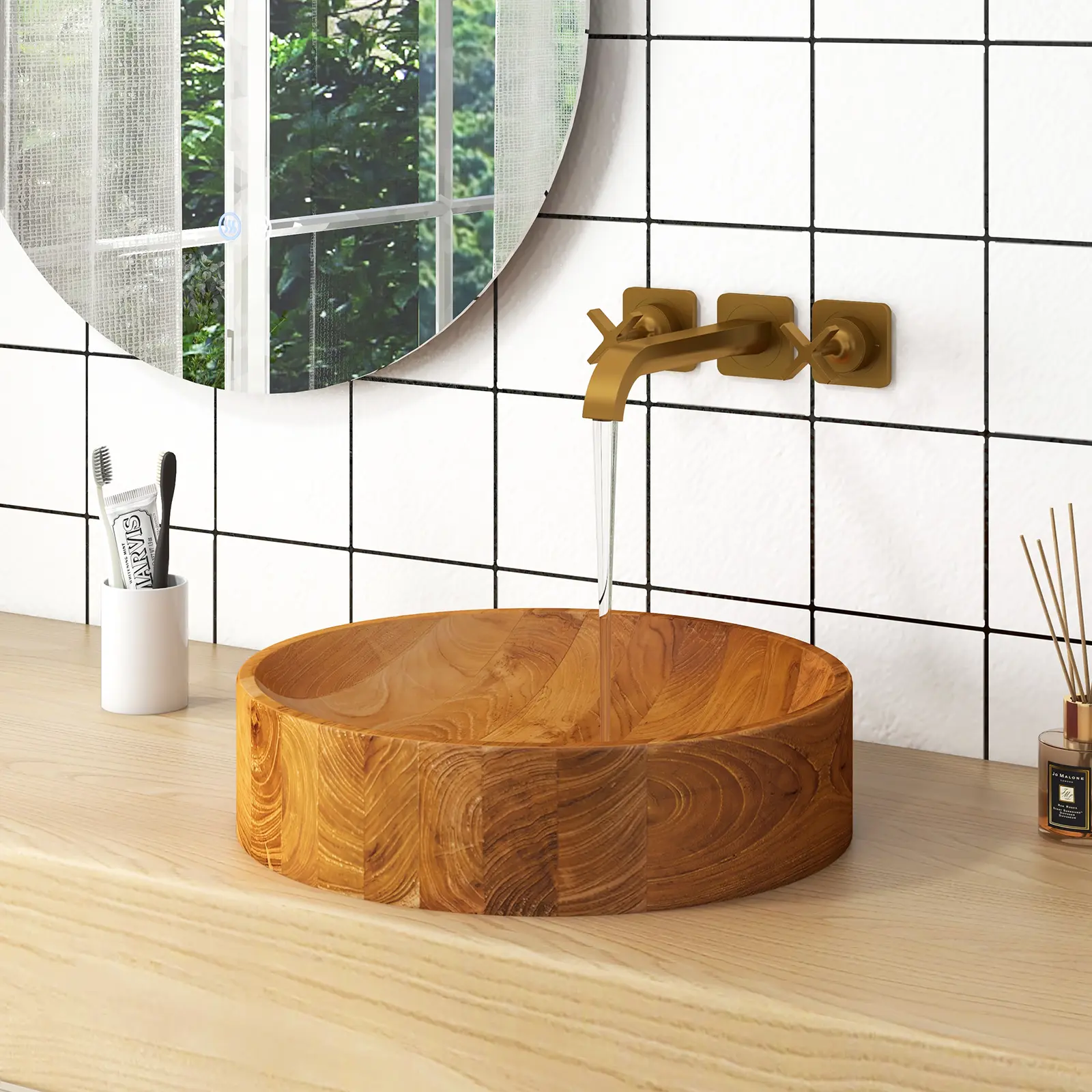 COSTWAY - 16 Inch Teak Wood Washbasin with Smooth Finish and Rounded Corners