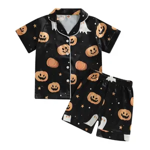Toddler Baby Boy Girl Halloween Pajamas Set Pumpkin Ghost Print Button Down Short Sleeve Shirt and Shorts Lounge Sleepwear
