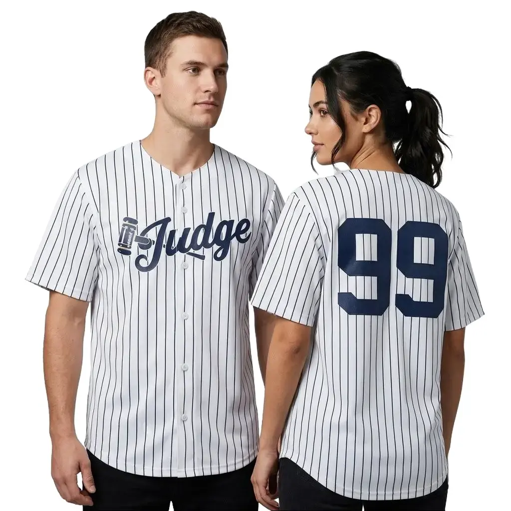 Judgeeeeee 99 Retro New York-Inspired Unisex Baseball Jersey, White-Navy Pinstripe Button-Up Professional Sports Shirt for Men