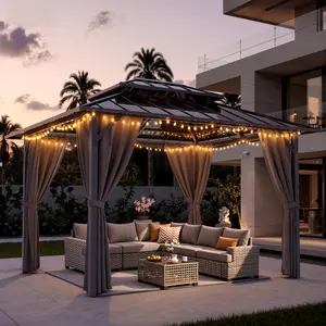 10'x12' Hardtop Gazebo, Iron Frame Permanent Pavilion with Curtains and Netting, Outdoor Double Roof Canopy for Garden, Lawns, Patio
