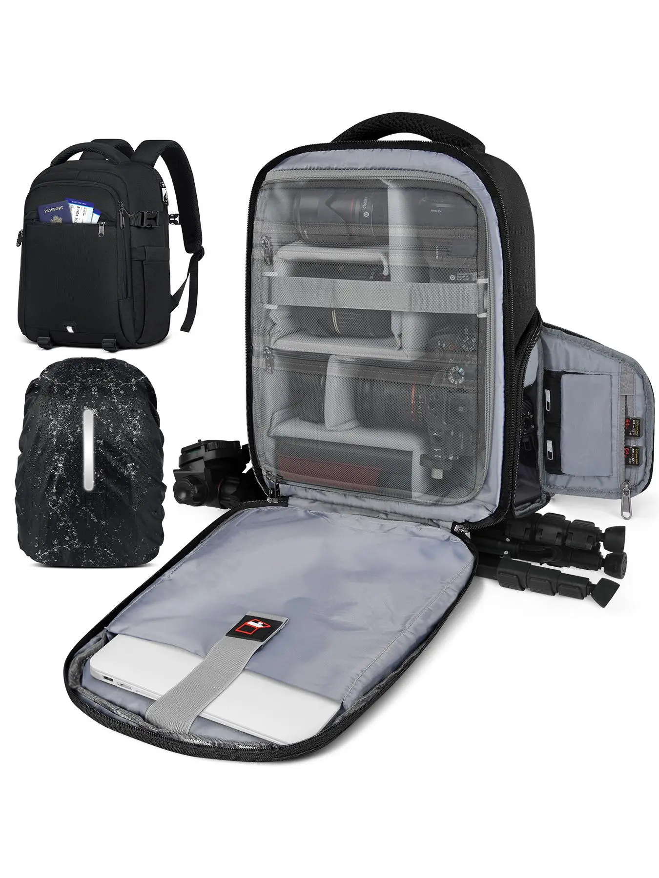 Camera Backpack, Large Capacity Camera Bag with Waterproof Rain Cover & Laptop Compartment, Anti Theft Travel Photography Backpack for Photographers