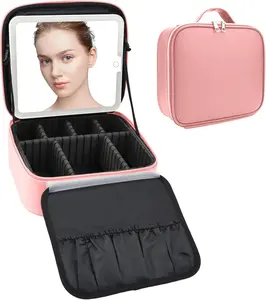 Smart LED Makeup Bag with Mirror & Lights — Waterproof Train Case with Adjustable Dividers, Portable Cosmetic Organizer for Brushes & Travel, Detachable Compartments